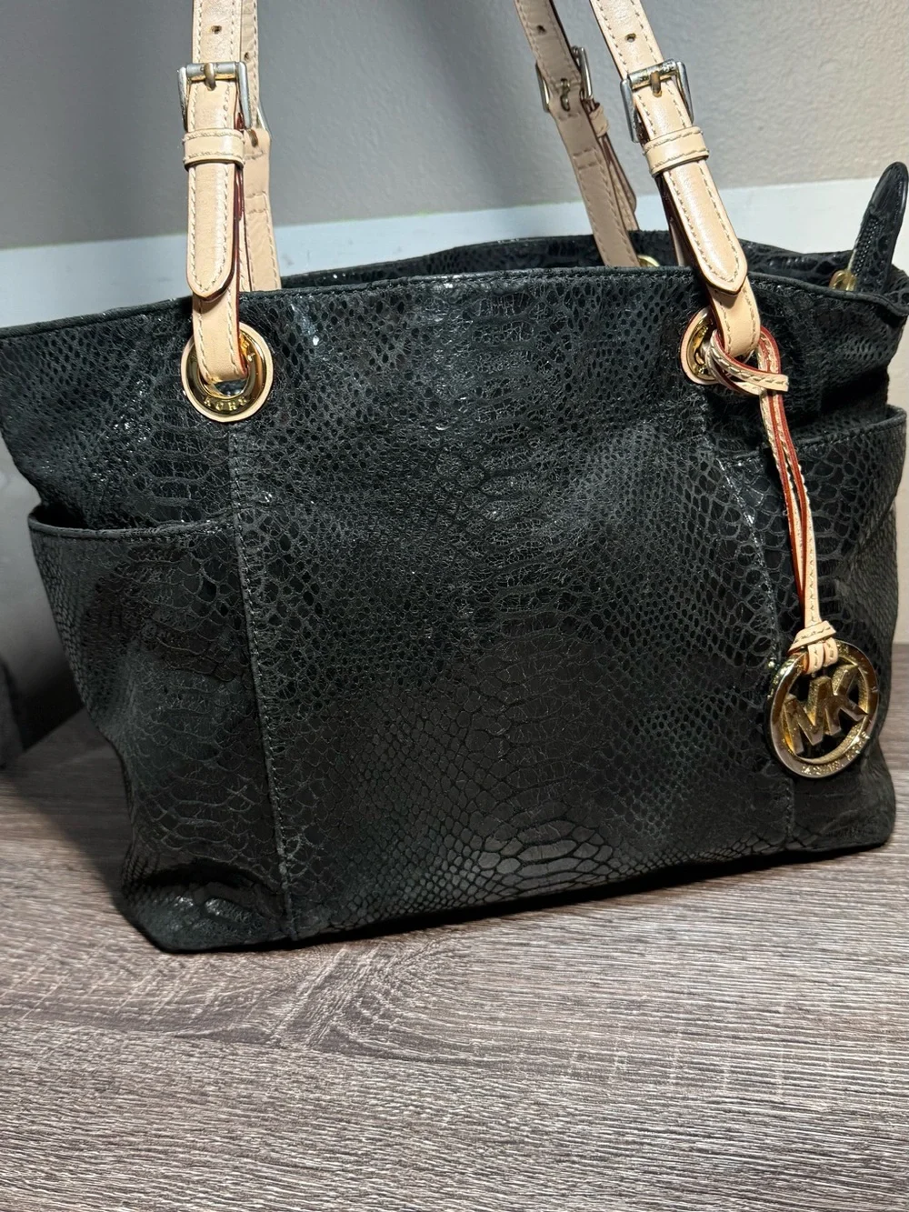 Michael Kors Black Textured Leather Tote with Cream Straps and Gold Hardware